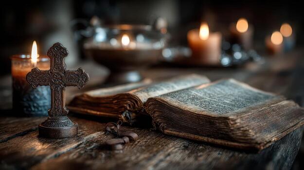 Old book and cross surrounded by candles create a serene atmosphere in a dimly lit room photo