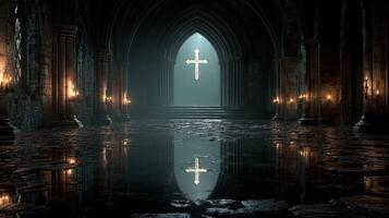 Mysterious medieval hall with glowing cross reflected in water, softly illuminated by candles in an ancient stone cathedral photo