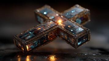 Intricately designed glass cross illuminated in soft light on a dark surface creating a serene atmosphere photo