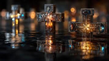 Intricate crosses illuminated in reflective water creating a serene atmosphere in a dimly lit space photo