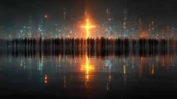 Crowd gathers at night to witness illuminated cross reflection in water amidst urban backdrop photo