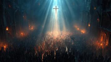 Spiritual gathering in a grand cathedral illuminated by light at dusk photo