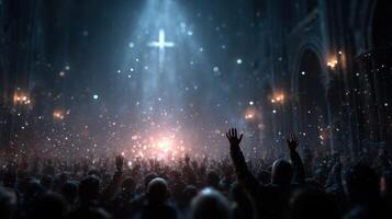 Crowd worshipping in an atmospheric cathedral with a visible cross and beams of light photo