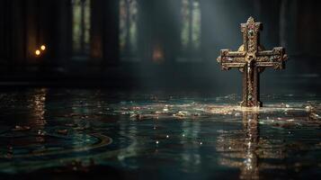 Intricate golden cross stands majestically in serene water within an ancient, dimly lit cathedral photo