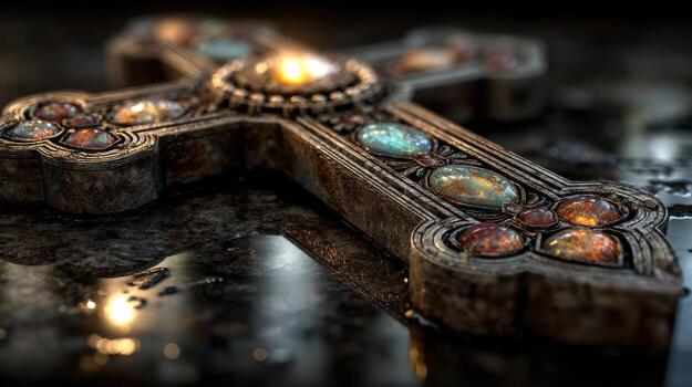 Intricate metallic cross with gemstones creating an elegant reflection on a dark surface photo