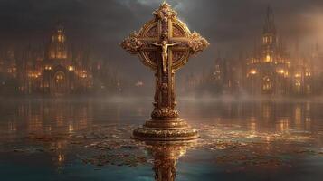 Ornate golden cross stands in serene water with a mystical cityscape at dusk surrounded by fog photo