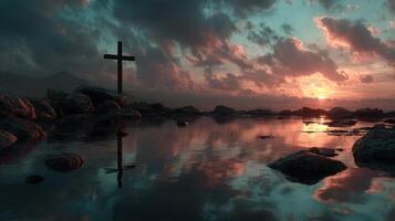 Sunset view at serene coastal location with cross reflecting in calm water and dramatic cloud formations photo