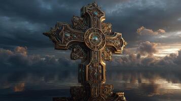Intricately designed cross stands above calm waters under a dramatic sky during sunset photo