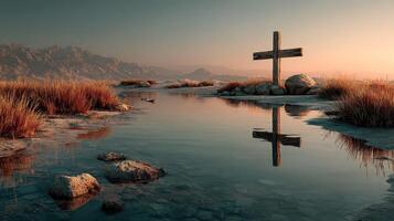 Cross reflected in calm water at sunset near rocky mountains with golden grass photo