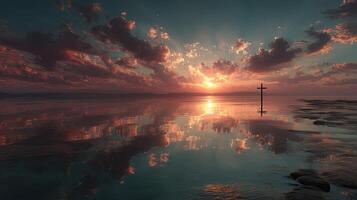 Sunrise over calm waters with cross reflection and dramatic clouds in the sky photo