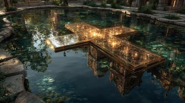Sparkling cross floating on calm water surrounded by lush greenery in an ancient stone garden at dusk photo