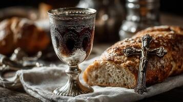 Communion elements on a rustic table during a solemn gathering at a church in quiet afternoon light photo