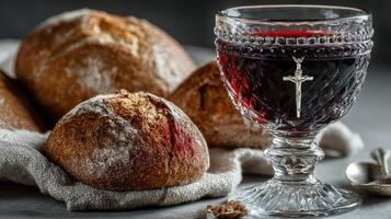 Warm bread rolls and a glass of red liquid on a textured surface ready for a cozy gathering in a rustic kitchen setting photo