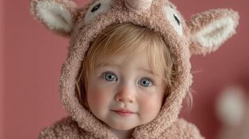 Cute toddler in a fuzzy animal costume smiles brightly in a cozy indoor setting during the day photo