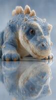 Colorful creature explores a reflective surface in a fantasy setting during daylight photo