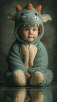 Child in adorable monster costume sitting indoors with a curious expression during a cozy afternoon photo