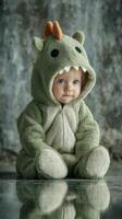 Cute baby dressed in dragon costume sitting on a smooth surface photo