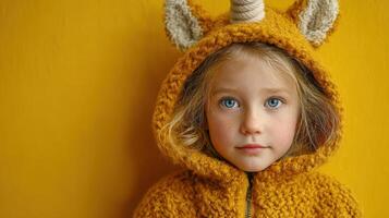Child wearing a cozy, orange unicorn hoodie against a bright yellow background during daytime indoors photo