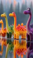 Colorful dinosaur figurines create a vibrant display by the water reflecting nature at dawn with a soft mist hovering above the landscape photo