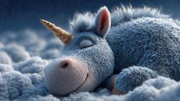 Sleepy blue unicorn rests on the clouds under a starry sky at night photo