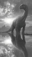 Majestic dinosaur stands by the reflective water under a stunning sunrise in a prehistoric landscape photo