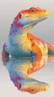 Colorful dinosaur sculpture reflects in still water at sunset photo