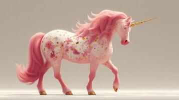 Colorful unicorn walking gracefully in a whimsical fantasy setting with pink mane and floral patterns photo