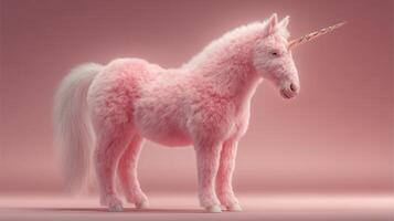 Pink fluffy unicorn standing gracefully in a pastel studio against a soft background with magical charm photo