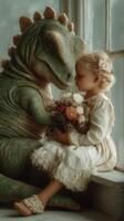 Child and dinosaur share a tender moment in a bright and cozy room filled with flowers and warmth photo
