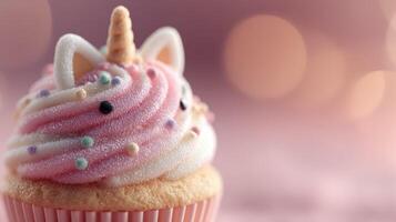 Colorful unicorn cupcake with frosting and sprinkles in playful setting photo