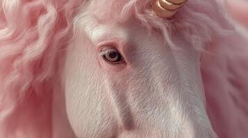 Beautiful pink unicorn with a golden horn stands gracefully, showcasing its captivating features and enchanting aura photo