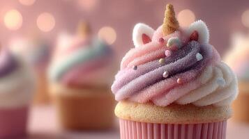 Colorful unicorn cupcakes with delightful frosting at a festive gathering in a cozy setting photo