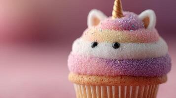 Colorful unicorn cupcake with frosting and decorative features displayed on a pastel background photo