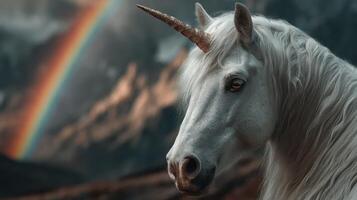 Majestic unicorn stands against a backdrop of mountains and a vibrant rainbow during a serene sunset photo