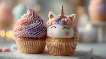 Colorful unicorn cupcakes with pastel frosting and decorative sprinkles in a bright bakery setting photo