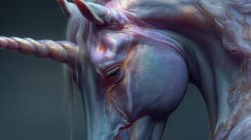Majestic unicorn portrait with enchanting colors highlighting features and ethereal glow in a mystical setting photo