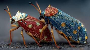 Vibrant shield bugs showcasing intricate patterns and colors in natural habitat during daylight photo
