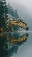 Large prehistoric creature emerging from a misty lake surrounded by dense forest in early morning light photo
