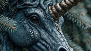 Intricate blue unicorn statue surrounded by evergreen foliage in a serene garden setting during daytime photo