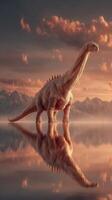 Majestic dinosaur stands tall against a sunset backdrop near tranquil water and distant mountains photo