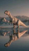 Majestic dinosaur standing near a reflective lake surrounded by mountains at sunrise photo