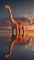 Giant dinosaur standing in tranquil water during sunset with vibrant colors reflecting in the still surface photo