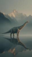 Majestic dinosaur stands by serene lake with mountains in the background at dawn photo