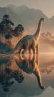 Ancient dinosaur stands in serene lake reflecting mountains and trees at sunrise photo