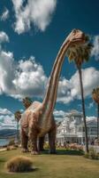 Giant dinosaur statue towers over palm trees near waterfront in sunny location photo