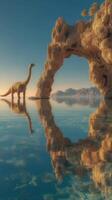Majestic dinosaur by rock arch reflecting in serene water at sunset photo