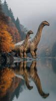 Two large dinosaurs standing by a serene lake surrounded by autumn trees in the misty morning light photo