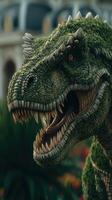 Lifelike dinosaur sculpture covered in greenery captures attention in botanical garden setting photo