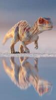 Dinosaur model walking near a reflective surface during sunrise with soft colors illuminating the scene photo
