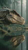 Majestic dinosaur emerging from the misty forest beside a tranquil pond in early morning light photo